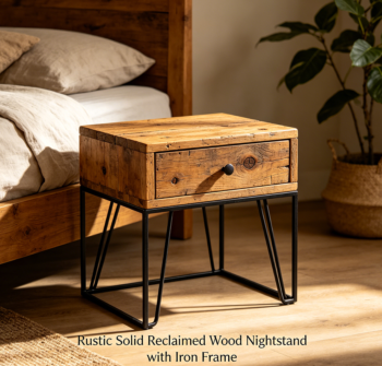 Rustic Solid Reclaimed Wood Nightstand with Iron Frame